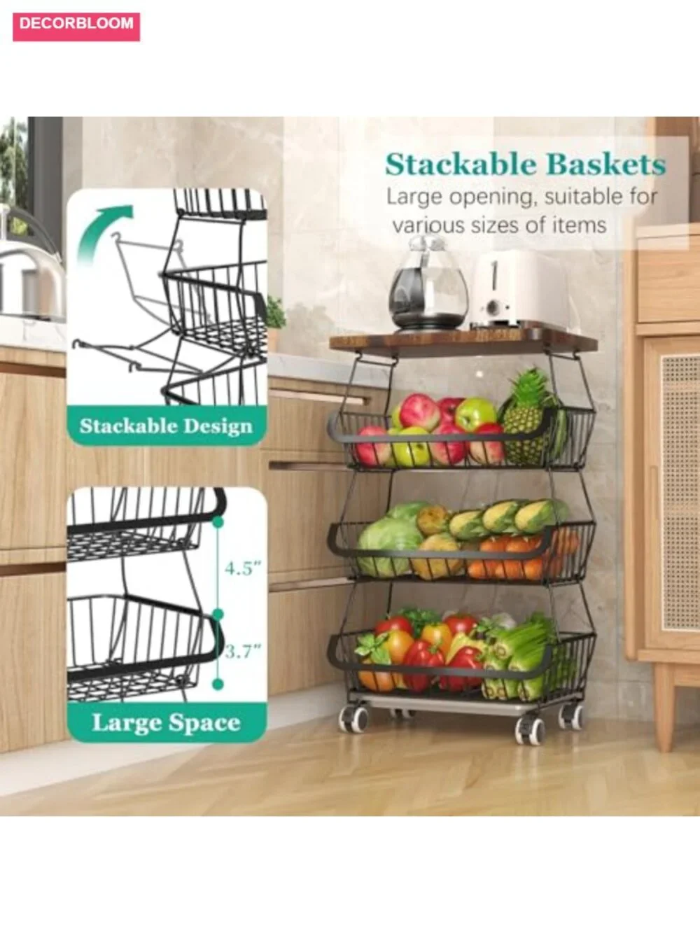 4-Tier Stackable Wire Fruit Basket Organizer with Wooden Lid on Wheels
